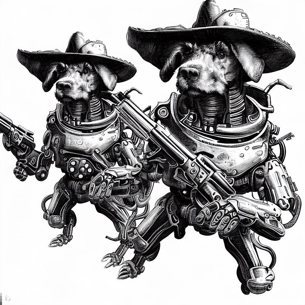 Robot-dogs in cowboy hats with guns. Robotopsy w kapeluszach kowbojskich z pistoletami.