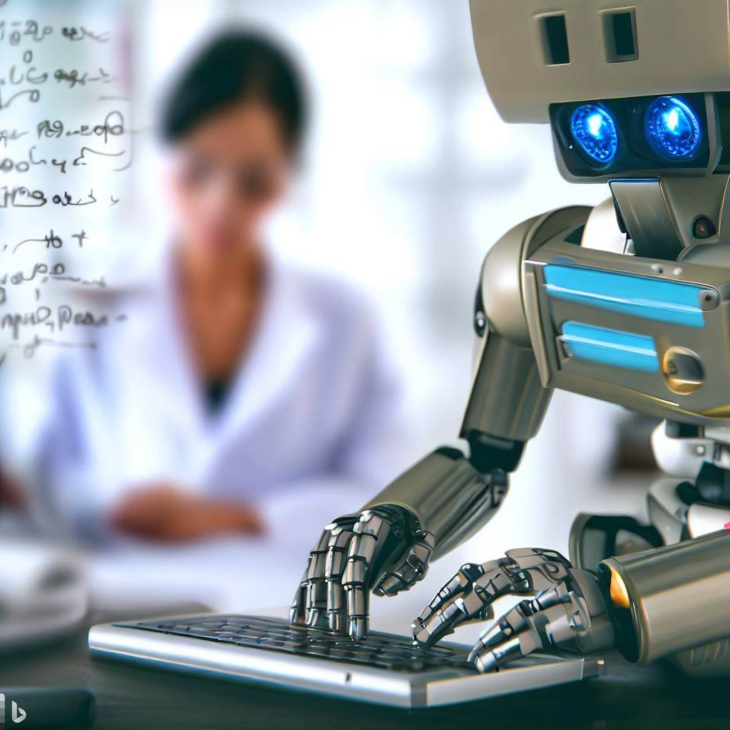 Robot filling up forms. Doctor working. Robot wypełnia dokumenty podczas gdy lekarka pracuje. 