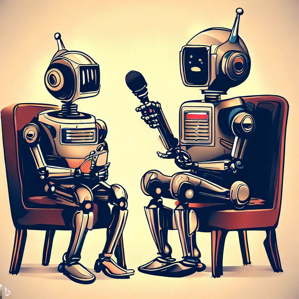 Robot interviewing robot. Robot przeprowadza wywiad z robotem. 